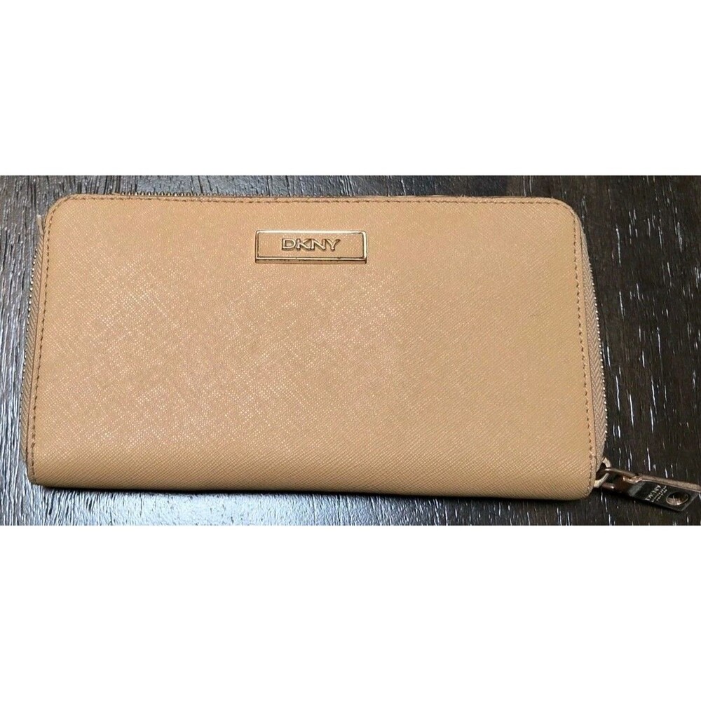 DKNY beige Saffiano leather zip-around wallet